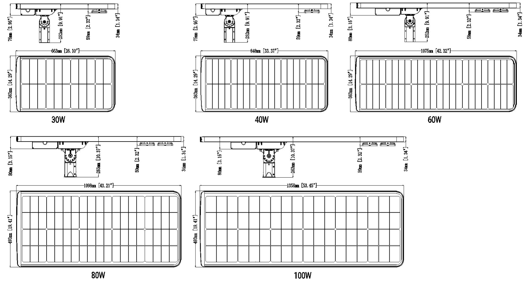 ขนาดโคมไฟถนนโซล่าเซลล์ LED รุ่น SAST-2 Series