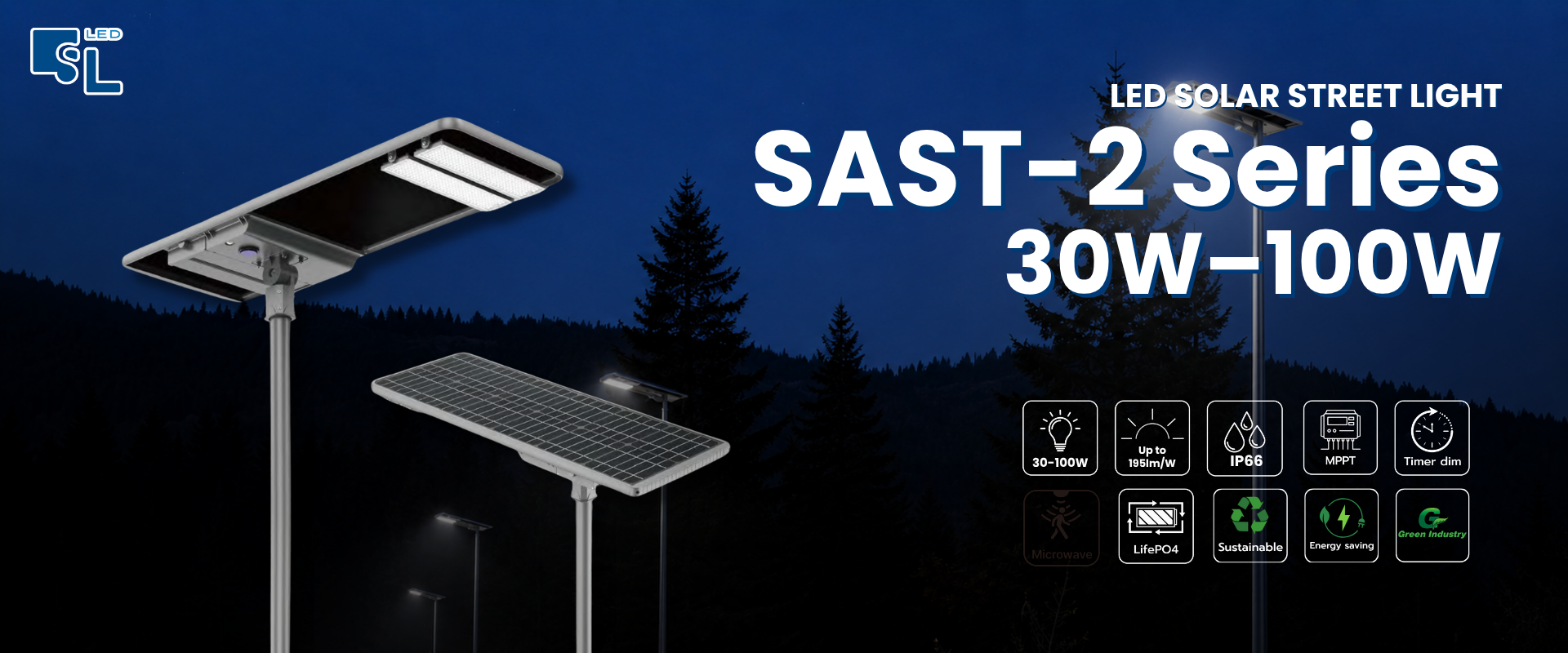 โคมไฟถนนโซล่าเซลล์ All-in-One รุ่น SAST-2 Series Sacred Light ประสิทธิภาพ 195 lm/W IP66 พร้อมติดตั้ง