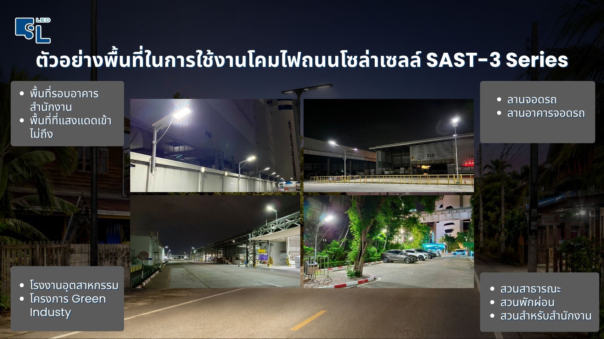 ตัวอย่างพื้นที่ติดตั้งโคมไฟถนนโซล่าเซลล์ SAST-3 Series โรงงาน ลานจอดรถ สวนสาธารณะ
