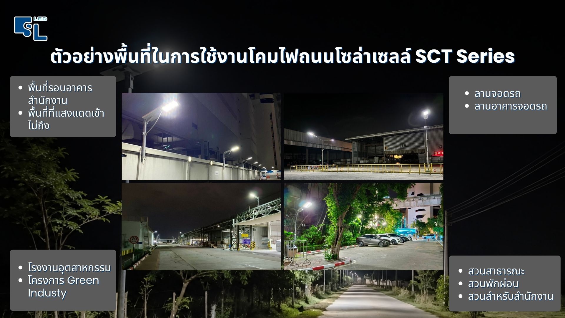ตัวอย่างพื้นที่ใช้งานโคมไฟถนนโซล่าเซลล์ SCT Series ถนน โรงงาน ลานจอดรถ และสวนสาธารณะ