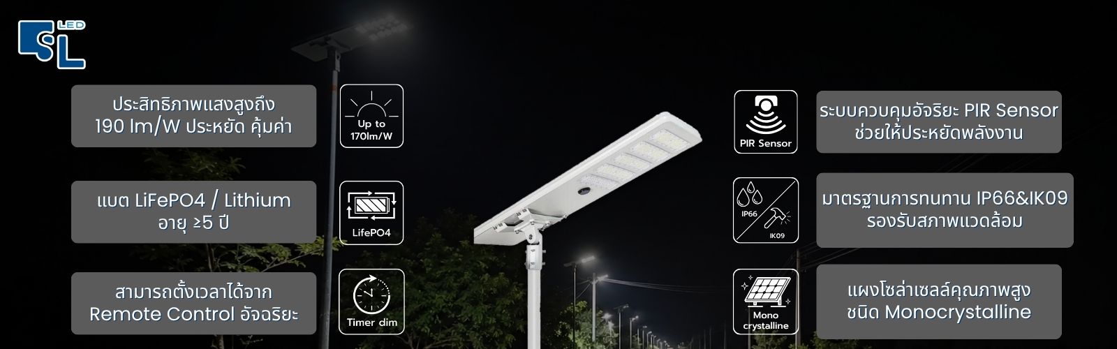 ฟีเจอร์โคมไฟถนนโซล่าเซลล์ SCT Series พร้อม PIR Sensor LiFePO4 IP66 IK09 และแผง Monocrystalline