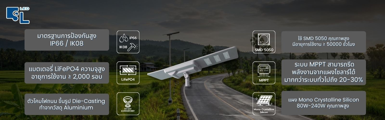 จุดเด่นโคมไฟถนนโซล่าเซลล์ TL-CSL IP66 IK08 แบต LiFePO4 ระบบ MPPT ชิป SMD 5050 แผง Mono Crystalline โดย SacredLight