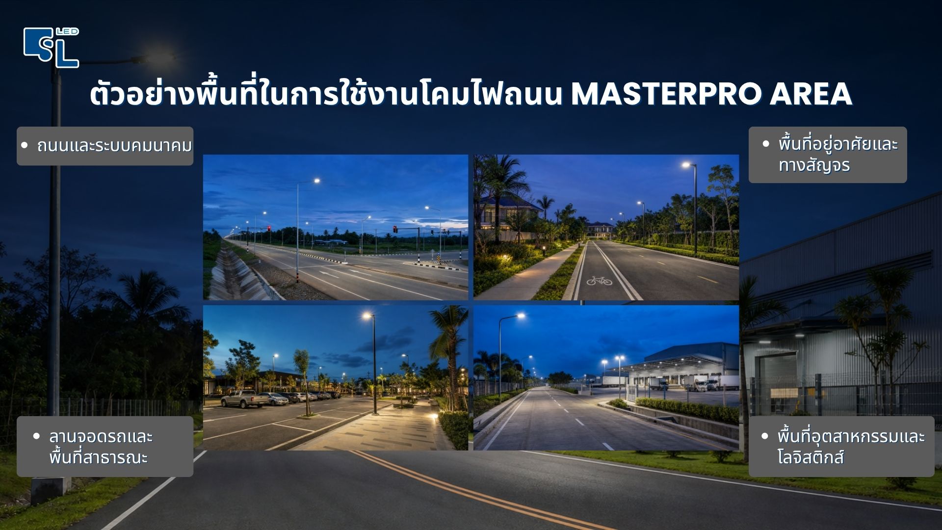 ติดตั้งโคมไฟถนน MASTERPRO AREA Series บนถนน ลานจอดรถ พื้นที่อยู่อาศัย และพื้นที่อุตสาหกรรม โดย SacredLight