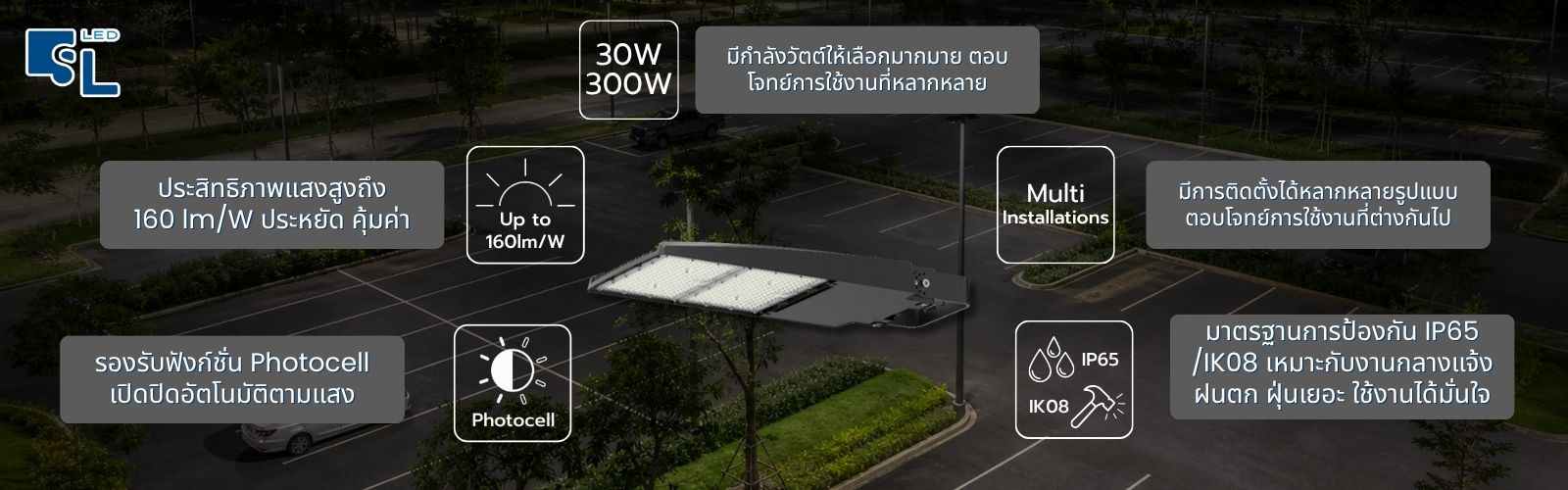 จุดเด่นโคมไฟถนน MASTERPRO-6 Series 160 lm/W Surge Protection 10kV ติดตั้งหลากหลายรูปแบบ โดย SacredLight