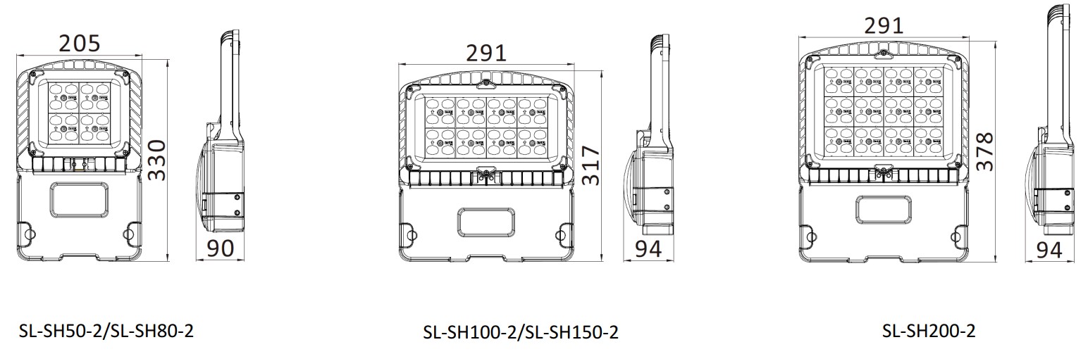 ขนาดของโคมไฟถนน LED (LED AREA LIGHT) : รุ่น MASTERPRO-2 Series (Dimension)