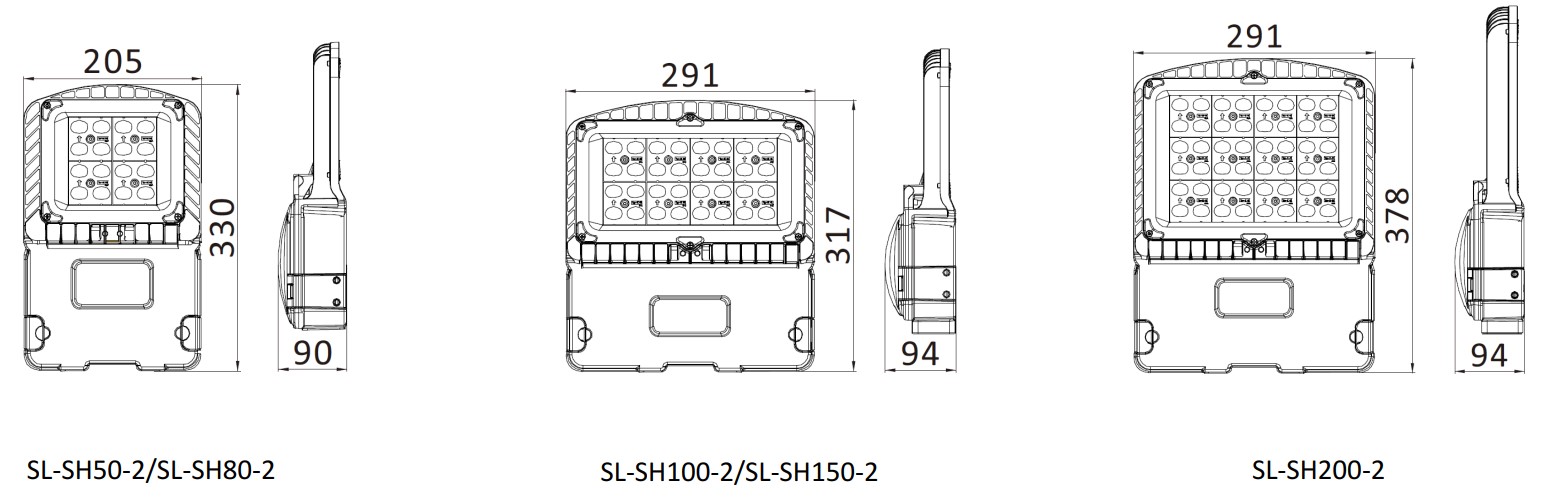 ขนาดของโคมไฟถนน LED (LED AREA LIGHT) : รุ่น MASTERPRO-2 Series (Dimension)