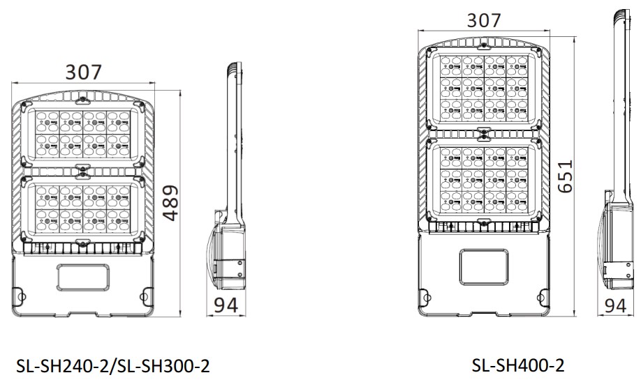 ขนาดของโคมไฟถนน LED (LED AREA LIGHT) : รุ่น MASTERPRO-2 Series (Dimension)