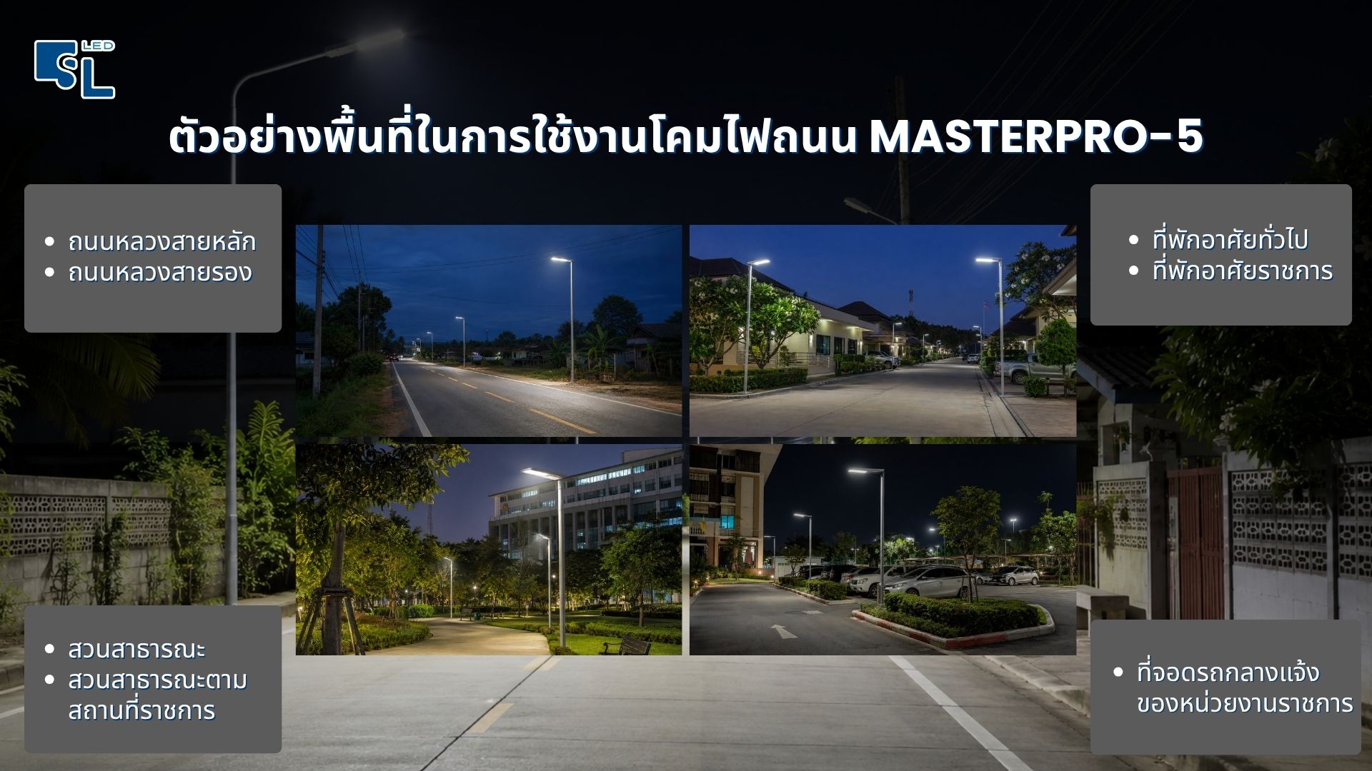 ติดตั้งโคมไฟถนน MASTERPRO-5 Series บนถนนหลวง ที่พักอาศัย สวนสาธารณะ และลานจอดรถราชการ โดย SacredLight
