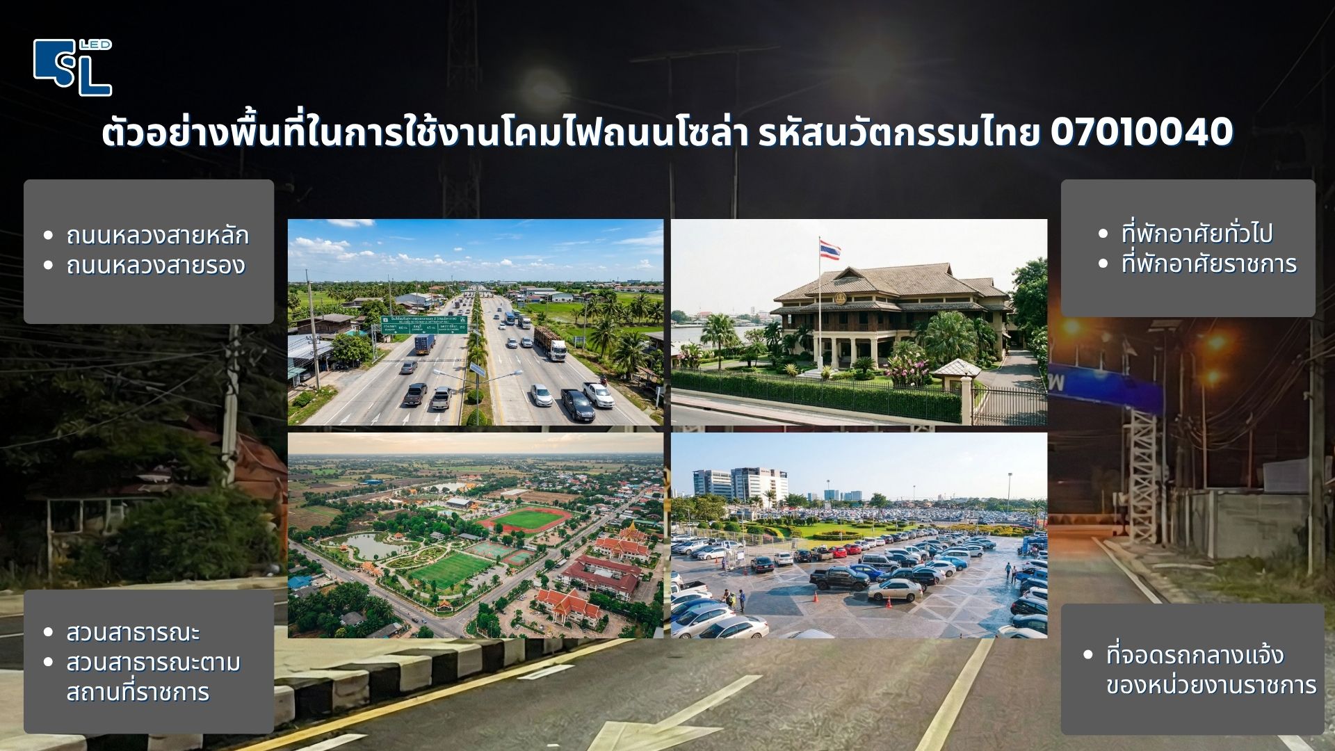 ตัวอย่างพื้นที่ใช้งานโคมไฟถนนโซล่าเซลล์ รหัสนวัตกรรมไทย 07010040 ถนนหลวง ที่พักราชการ สวนสาธารณะ และที่จอดรถหน่วยงานราชการ