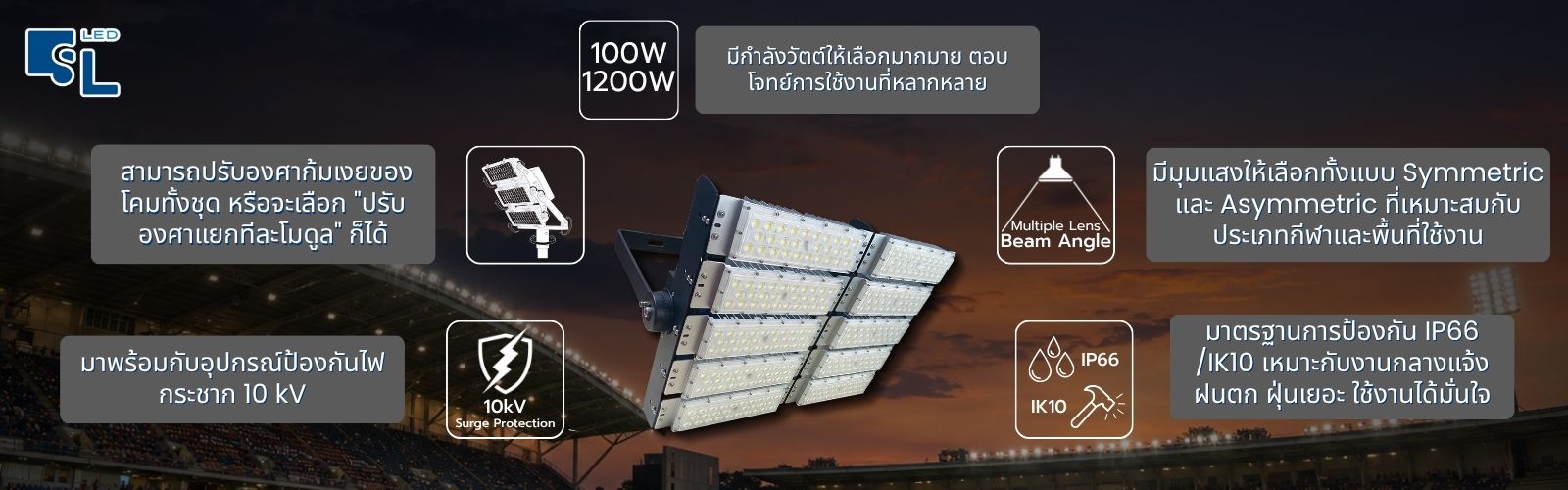 จุดเด่นโคมไฟฟลัดไลท์ TL-L30 ขนาด 100W-1200W ปรับมุมแยกทีละโมดูล เลนส์หลายมุม Symmetric และ Asymmetric ป้องกันไฟกระชาก IP66 IK10